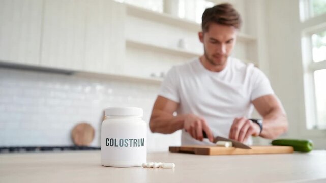 Colostrum supplement bottle with capsules in modern kitchen, athletic man preparing healthy meal in background, promoting immune support, gut health, daily wellness for active lifestyle performance