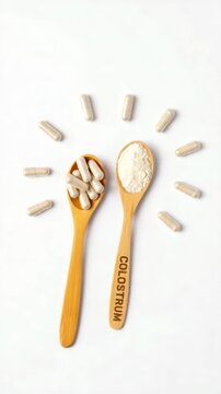Bamboo spoons with colostrum capsules and powder on a white background, natural dietary supplements, colostrum benefits, wellness routine, holistic nutrition, immune support, neutral composition