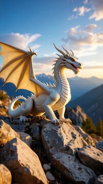 Majestic white dragon perched atop rocky mountain peak with wings spread against a scenic sunset, fantasy creature in a natural landscape.