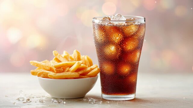 Refreshing glass of iced cola with bowl of crispy french fries on a light bokeh background