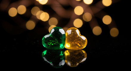 Image of two heart-shaped object in green and yellow, on a black reflective surface, with light spot in background. Symbolizes love, relationship