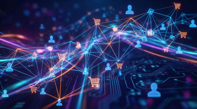 Digital ecommerce network with connected users and shopping cart icons inside data servers, representing online commerce, customer connections, data flow, technology driven retail systems.