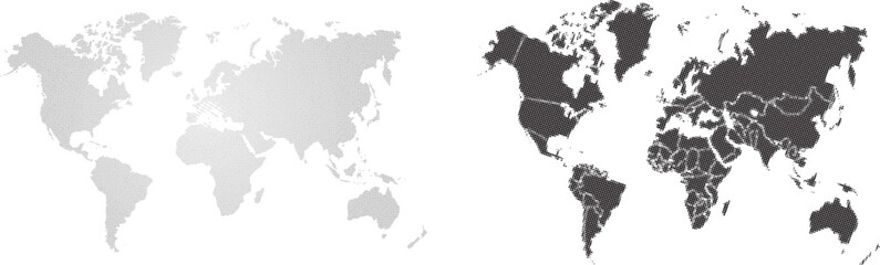 Set of flat earth world maps with dots in different resolution. Round pixel pattern. Modern digital globe. Black dots on white background. Worldmap template for website, infographics, design © Iconpro333 