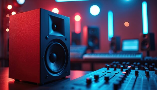 Close-up of red studio monitor speaker in dimly lit room with neon lights. Audio mixing desk in foreground, keyboard, laptop, speakers blurred in background. Pro music production setup. - Powered by Adobe