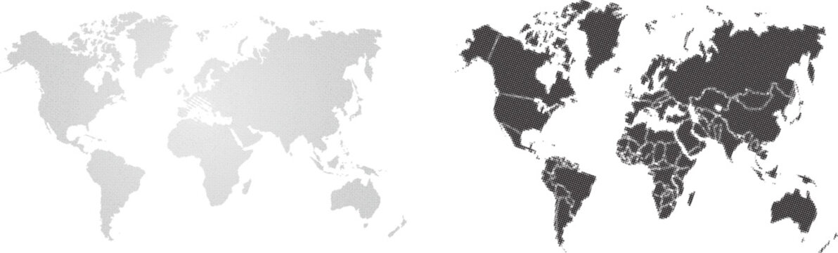 Set of flat earth world maps with dots in different resolution. Round pixel pattern. Modern digital globe. Black dots on white background. Worldmap template for website, infographics, design