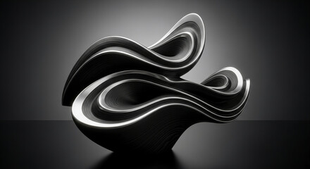 Abstract sculpture, composed of wavy black and silver layers, sits on a reflective surface, representing elegance and modern design, suitable for art concepts