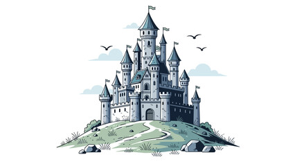 Fairytale Medieval Castle on a Green Hilltop with Birds Flying in the Sky © Zivana