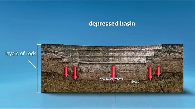 Fault basin: depression formed by downthrown blocks along faults, accumulating sediments over time.