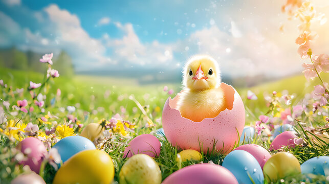 A cute, beautiful chick in a shell nestles around colorful Easter eggs in a green meadow on a sunny day