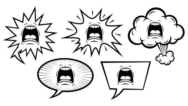 Set of distressed comic book style faces shouting in speech bubbles