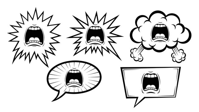 Set of Cartoon Speech Bubbles with Screaming Mouths, Expressing Anger and Emotion
