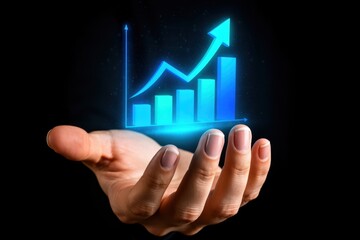 Hand presenting glowing blue digital bar chart and upward trend line symbolizing business growth and financial success