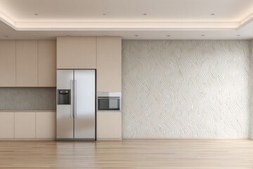Fototapeta premium Modern kitchen with light wood cabinets, stainless steel appliances, and textured wall.