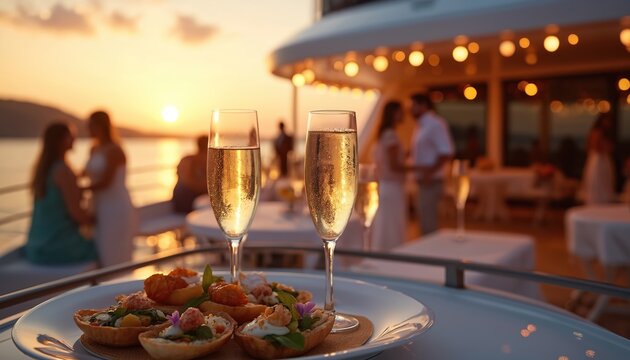 Luxury yacht party scene during sunset with champagne glasses and appetizers. People enjoying the celebration on a yacht with golden hour lighting on the ocean.