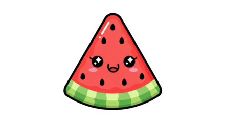 Cute cartoon watermelon slice with happy face and sparkling eyes isolated on a transparent background