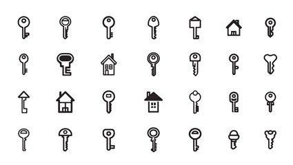 Collection of various key and house icons in simple black line art style