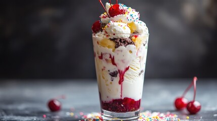 A tall glass of ice cream sundae topped with whipped cream, cherries, and colorful sprinkles.