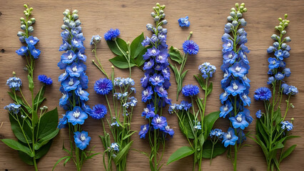 Delicate blue delphiniums and cornflowers arranged on a rustic wooden surface