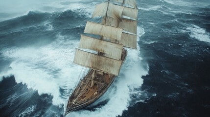 A Tall Ship with White Sails Battles the Waves of a Stormy Sea. Adventure, History, Maritime
