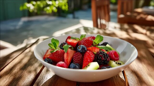 Delicious fruit salad featuring fresh, organic strawberries and ripe blueberries in a white bowl, a healthy summer dessert showcasing juicy red berries and sweet green leaves for a tasty diet 4K Vidoe
