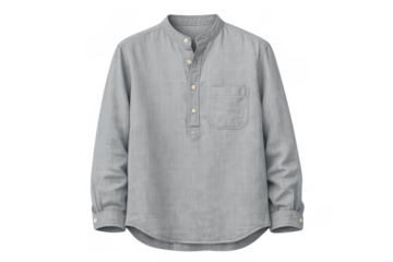 Gray linen casual pullover shirt with mandarin grandad collar and long sleeves for men's fashion