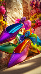 A vibrant bouquet of colorful kayak paddles and water drops rests on a beach like a blooming spring garden of purple crocuses and violet floral petals