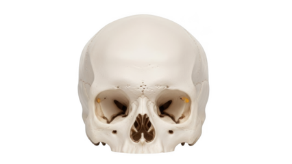 Human skull frontal view with visible nasal cavity and eye sockets isolated on a transparent background