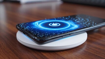 Experience the future of power A smart device wirelessly charges on a sleek pad, its screen radiating with the innovative glow of modern energy transfer technology
