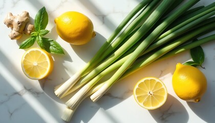 Lemons lemongrass ginger and basil on marble surface. Citrus fruits and green herbs for cooking healthy meal on kitchen table in sunlight. Cooking lemonades or diet detox tea.