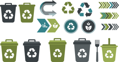 Eco-Friendly Recycling Collection: An array of recycling bins, arrows, and eco-symbols promoting environmental conservation.