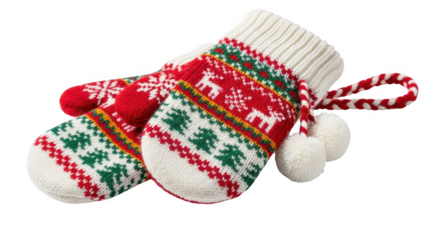 Knitted red green and white Christmas mittens with reindeer snowflake and tree patterns isolated on a transparent background