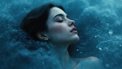Abstract portrait of young woman floats in water with closed eyes. Serene face reflects peace. Calm expression shows emotional experience, subconscious journey, artistic creativity, inner vision,