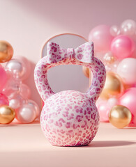 Pink leopard print kettlebell with a bow placed among pastel balloons in a festive scene.