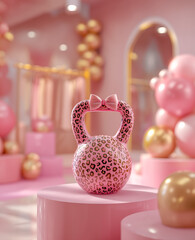 Pink leopard print kettlebell with a bow placed among pastel balloons in a festive scene.