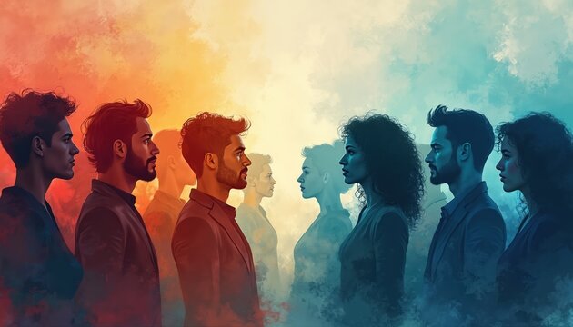 Illustration of diverse individuals facing. People with different backgrounds in profile. Concept of society communication, discussion. Color gradients, artistic representation of human relationships