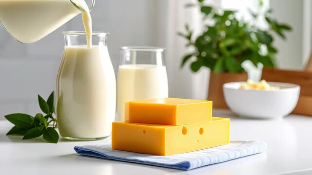 Pouring fresh milk from glass pitcher into glass bottle with cheese cubes on blue patterned cloth, healthy dairy products