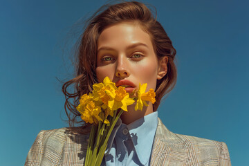 Fashion portrait of a woman holding yellow flowers against a clear blue sky.
