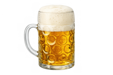 Beer mug full of golden lager, creating white foam on top, refreshing drink for celebration, transparent background