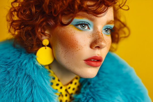 Stylish red-haired woman with bold blue makeup and yellow accessories on a bright background.