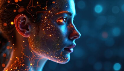 Profile of digital woman with circuits and glowing particles. Futuristic face reflects tech innovation and artificial intelligence. Human interface with data network.