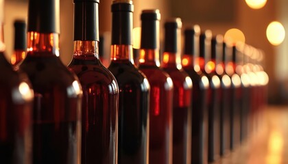 Many dark bottles filled with red wine stand in neat row. Warm ambient light creates soft bokeh effect in blurred background. Elegant collection highlights premium drink experience for special event