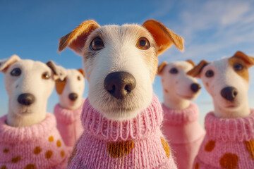 Cute dogs wearing pink sweaters standing together under a bright blue sky.