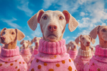 Cute dogs wearing pink sweaters standing together under a bright blue sky.