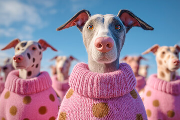 Cute dogs wearing pink sweaters standing together under a bright blue sky.