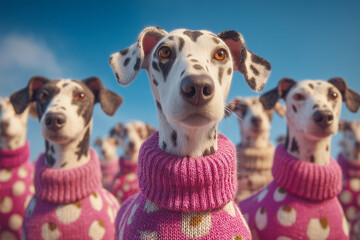 Cute dogs wearing pink sweaters standing together under a bright blue sky.
