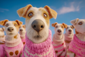 Cute dogs wearing pink sweaters standing together under a bright blue sky.