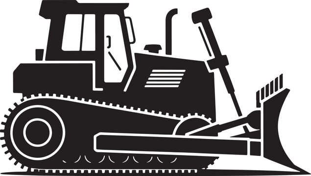 Side view profile of powerful tracked bulldozer vehicle for pushing material isolated black silhouette on clear backdrop vector