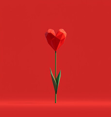 Red geometric heart-shaped flower with green leaves on a minimal red background.