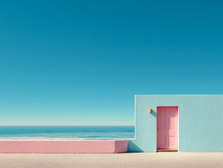 Pastel blue seaside house with a pink door and wooden deck under a clear sky.