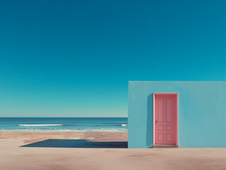 Pastel blue seaside house with a pink door and wooden deck under a clear sky.